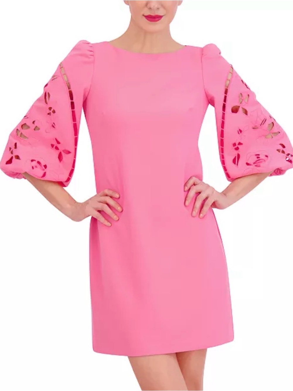 NWT Vince Camuto Hot Pink Boat-Neck Eyelet-Puff-Sleeve Shift Dress Size 10